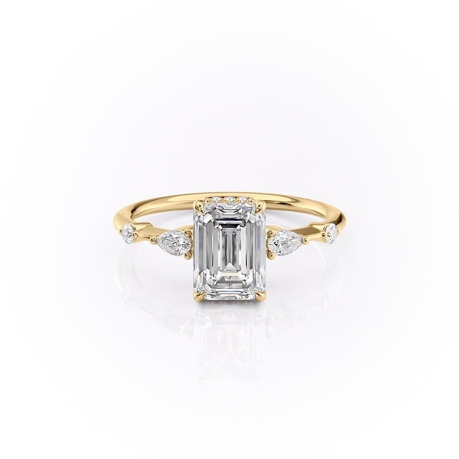 Emerald Cut Moissanite Shoulder Set Ring With Hidden Halo