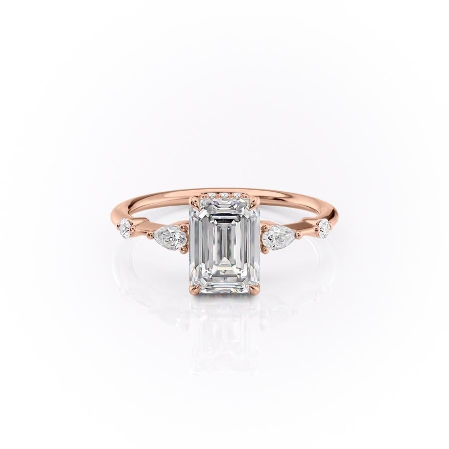 Emerald Cut Moissanite Shoulder Set Ring With Hidden Halo