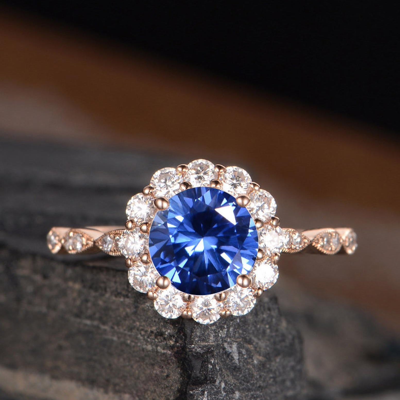 Blue Sapphire Vintage Halo Ring, Round Cut