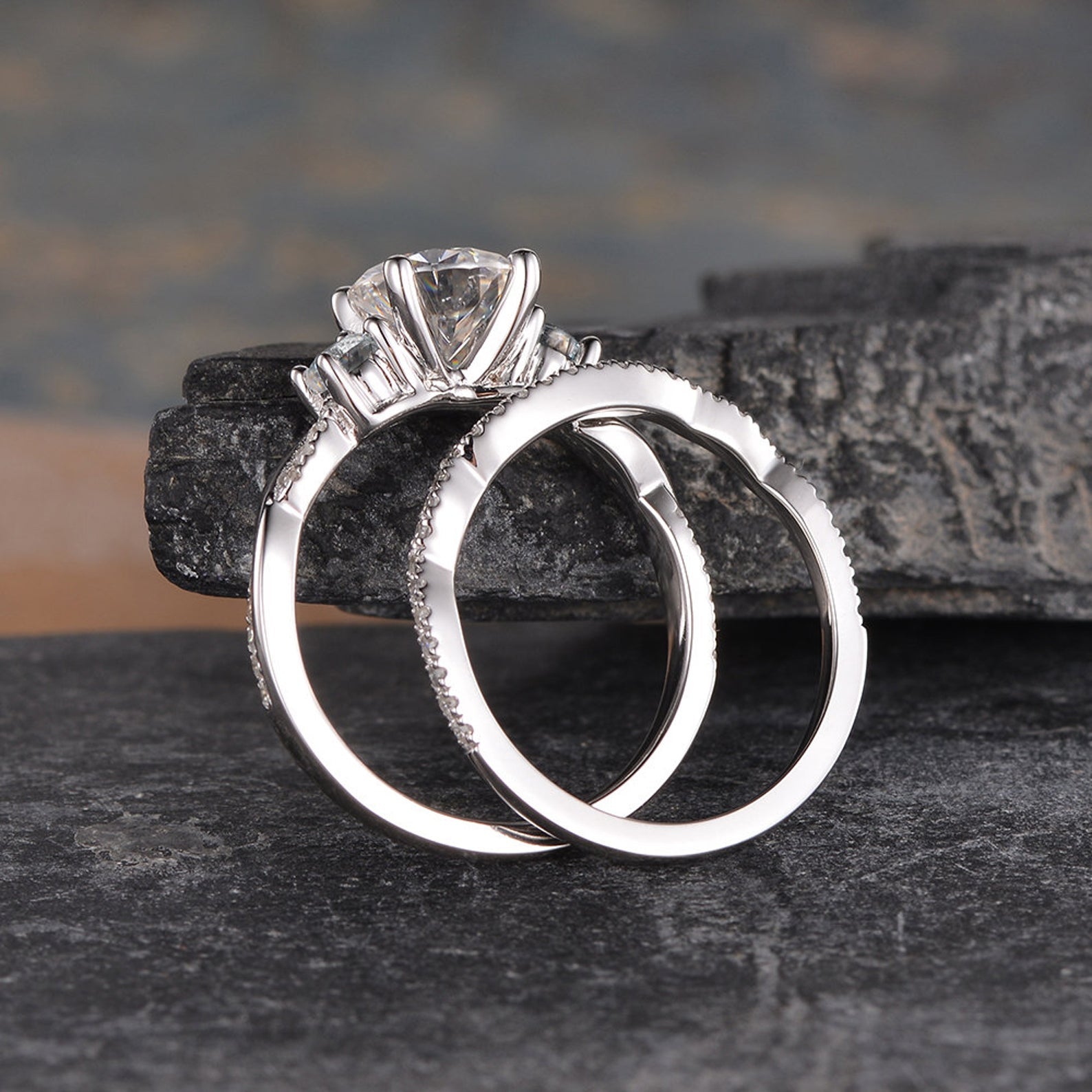 Round Cut 3 Stone Bridal Ring Set