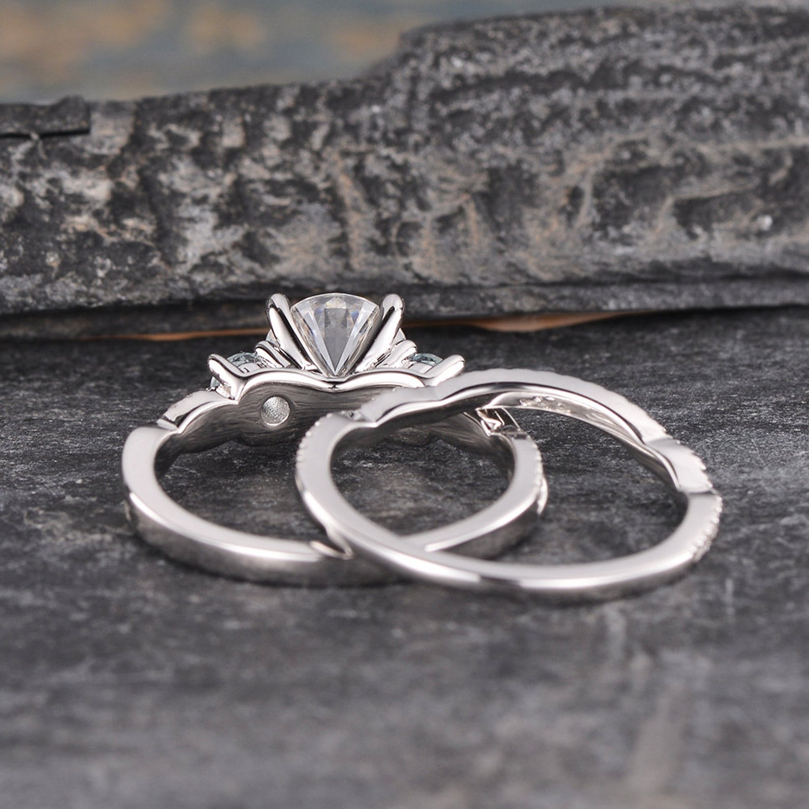 Round Cut 3 Stone Bridal Ring Set