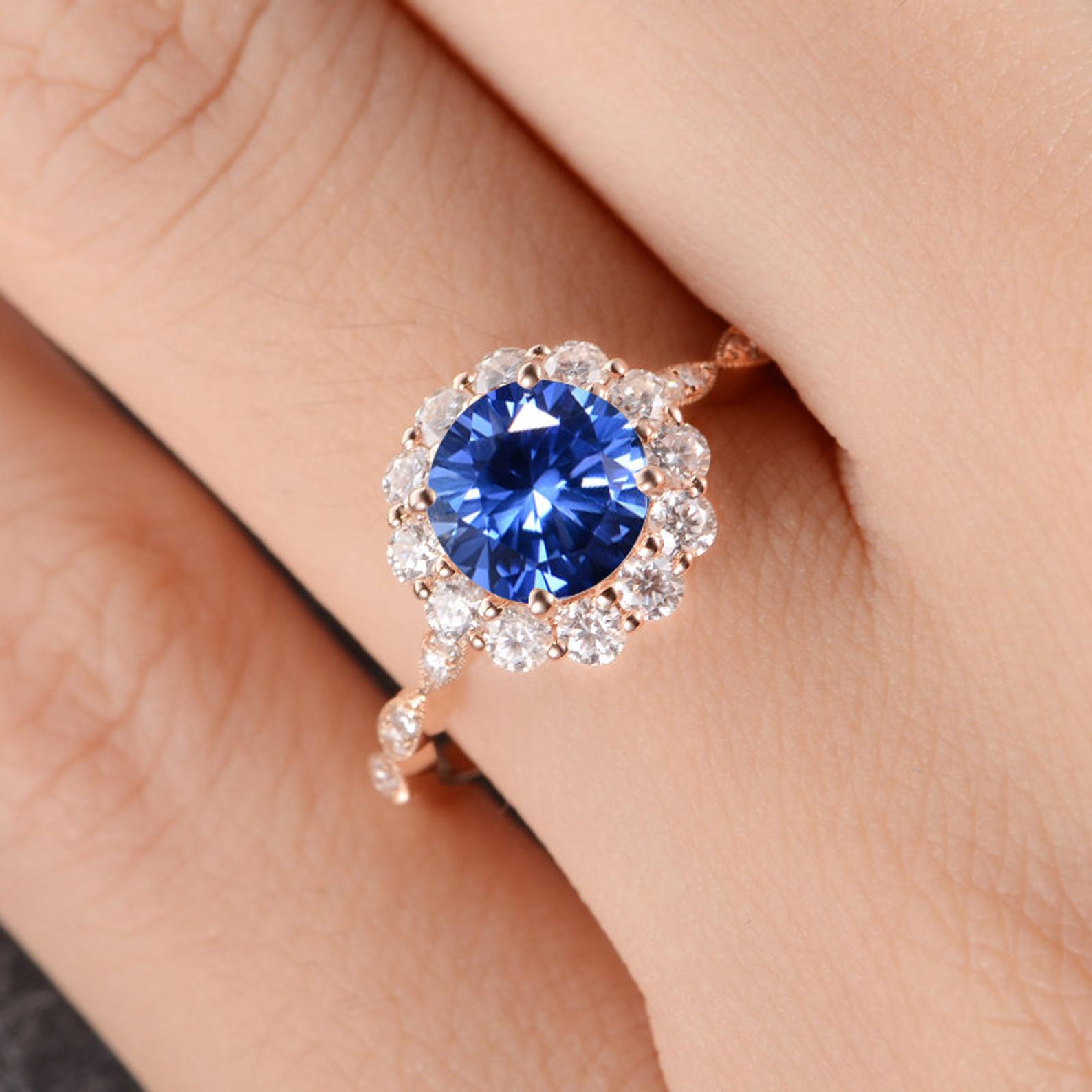 Blue Sapphire Vintage Halo Ring, Round Cut