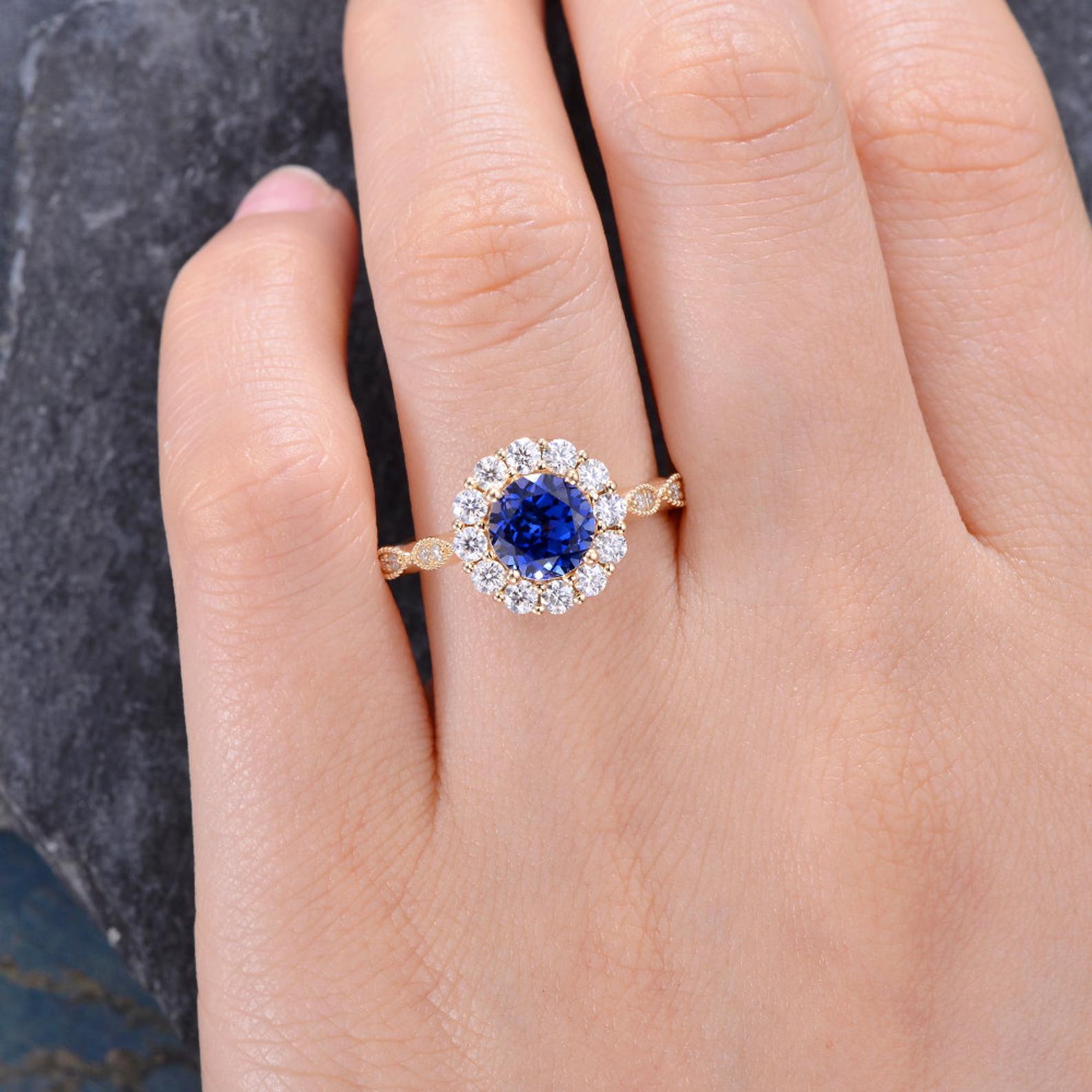 Blue Sapphire Vintage Halo Ring, Round Cut