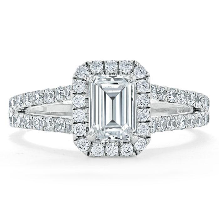 Emerald Cut Moissanite Engagement Ring, Classic Halo with Split Shank