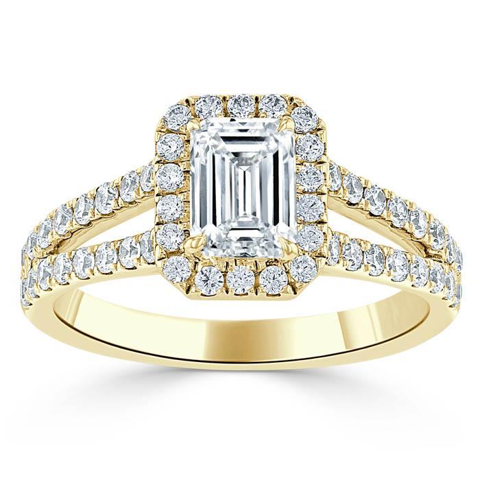 Emerald Cut Moissanite Engagement Ring, Classic Halo with Split Shank
