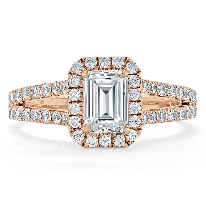 Emerald Cut Moissanite Engagement Ring, Classic Halo with Split Shank