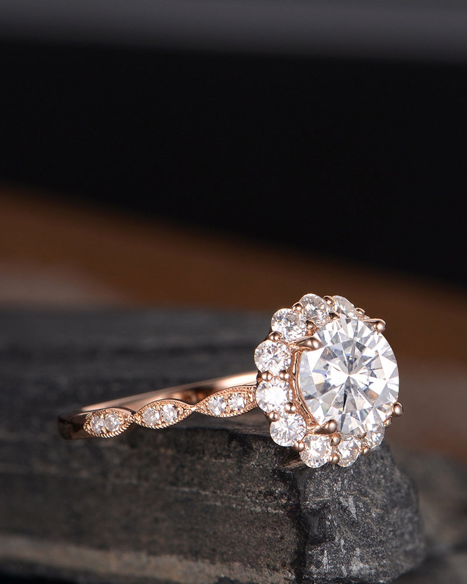 Round Cut Moissanite, Vintage Halo Design