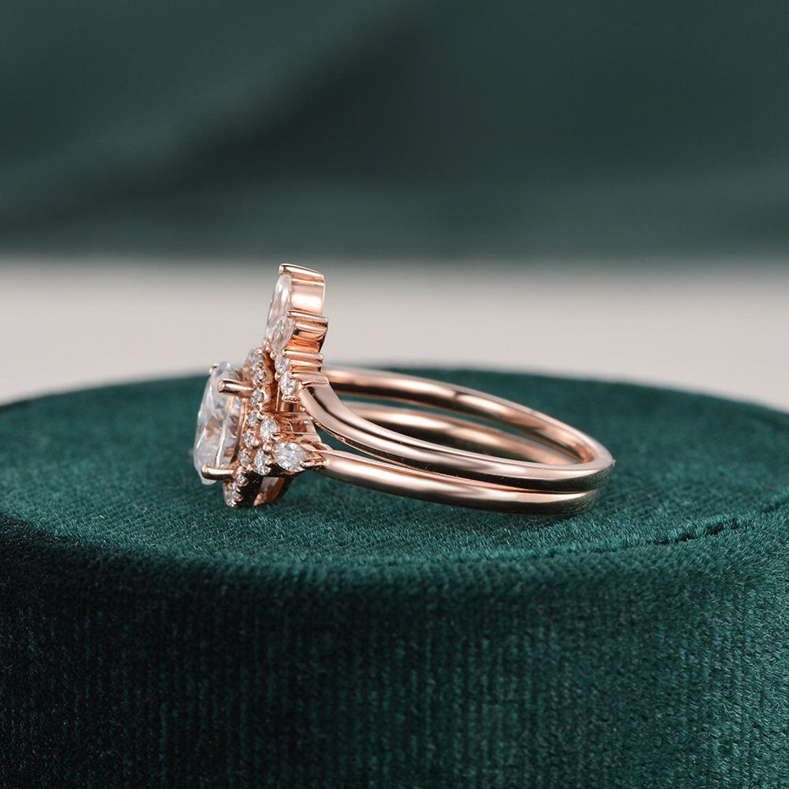 Bridal Ring Set, Oval Cut Center Stone, Hidden Halo