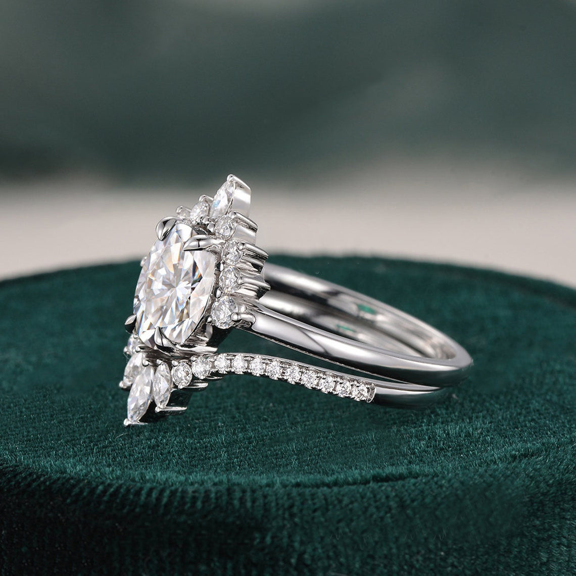 Vintage Style Bridal Ring Set, Oval Cut Center Stone