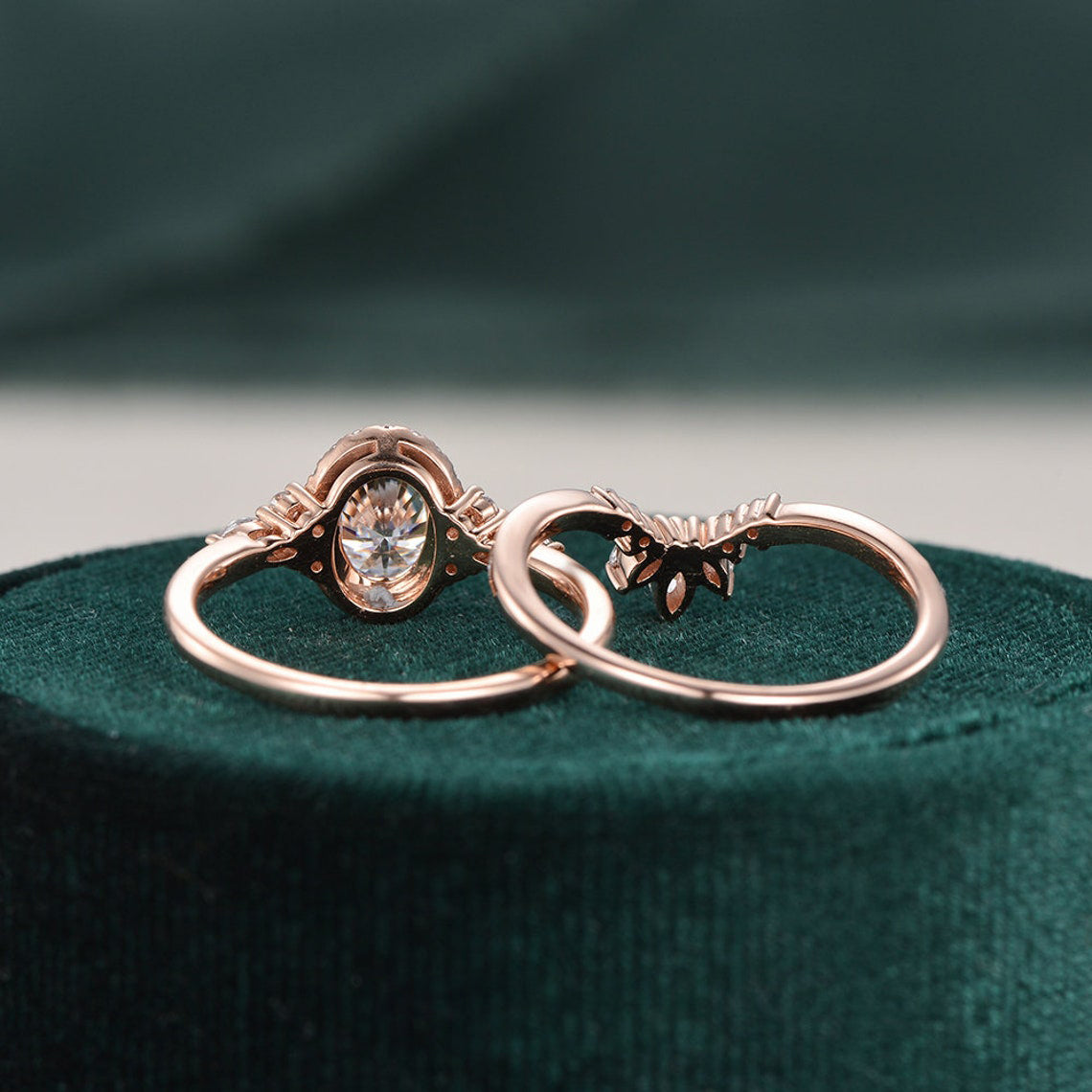 Bridal Ring Set, Oval Cut Center Stone, Hidden Halo
