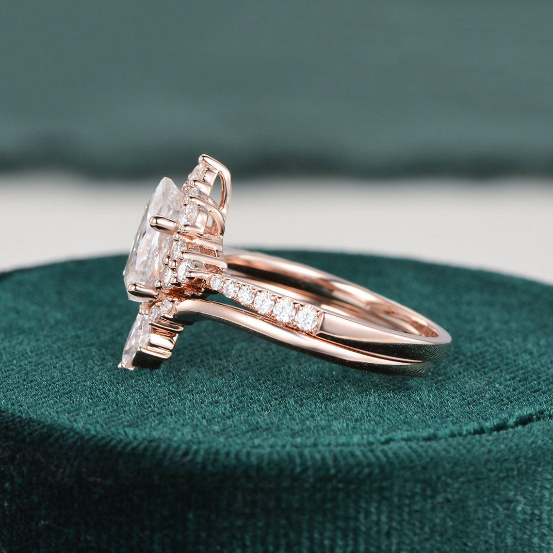 Vintage Style Bridal Ring Set, Pear Cut Center Stone