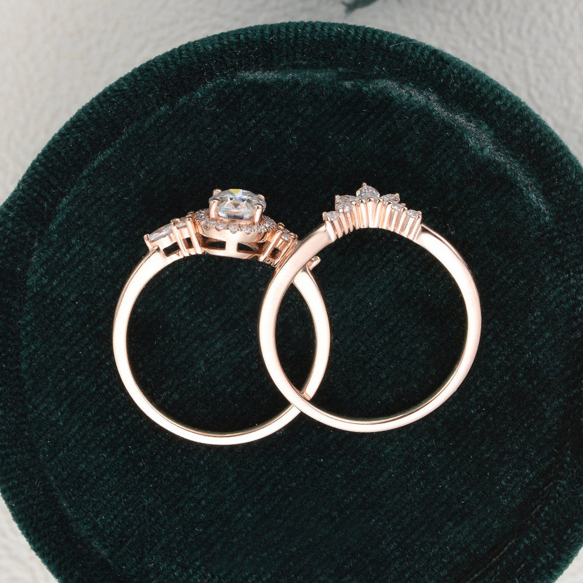 Bridal Ring Set, Oval Cut Center Stone, Hidden Halo