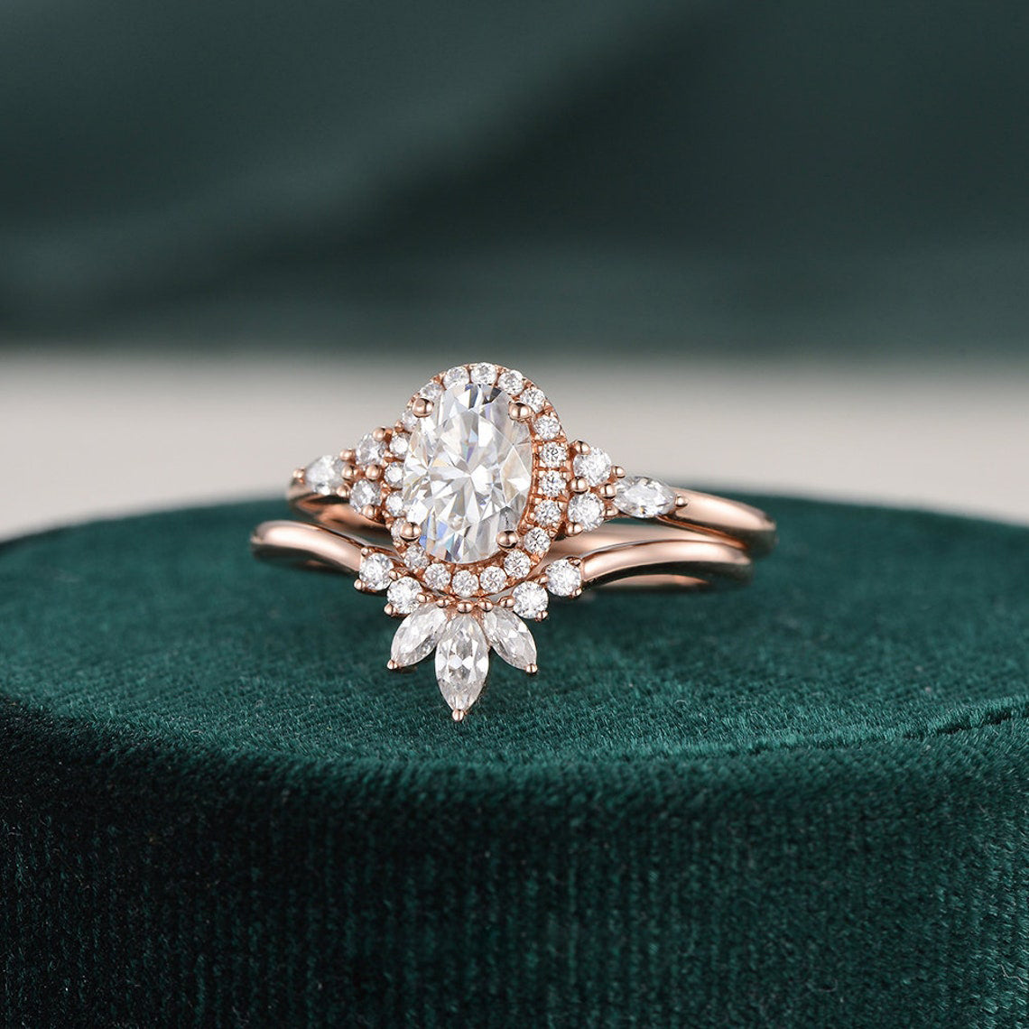 Bridal Ring Set, Oval Cut Center Stone, Hidden Halo