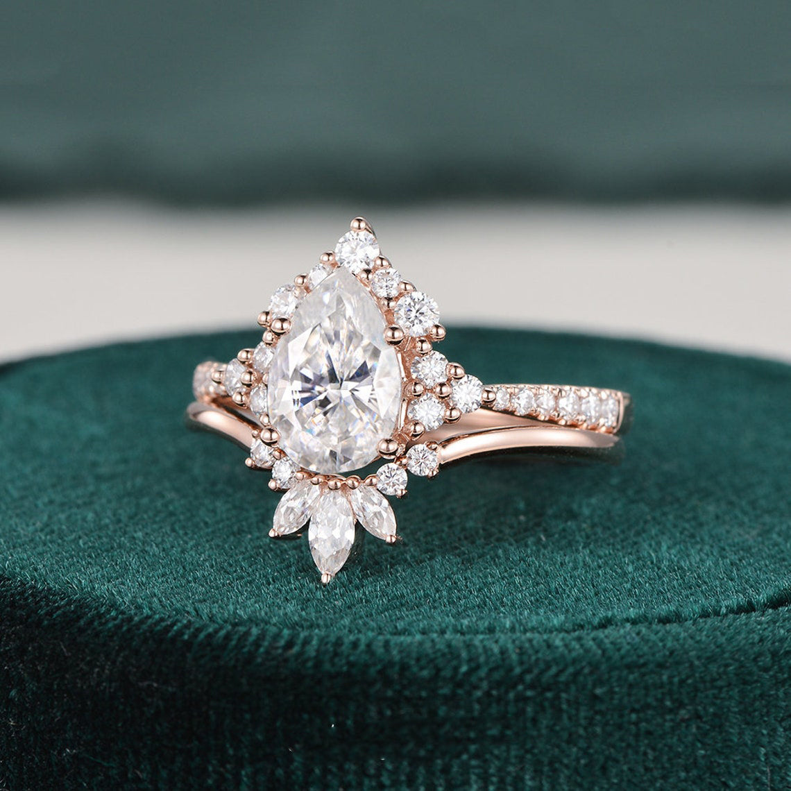 Vintage Style Bridal Ring Set, Pear Cut Center Stone