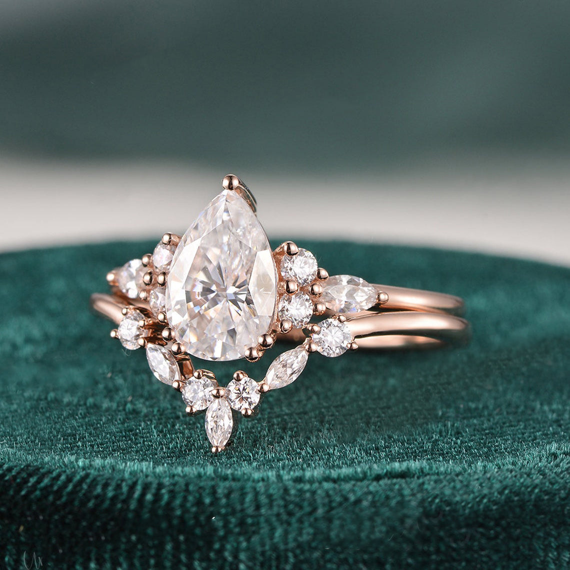Vintage Style Bridal Ring Set, Pear Cut Center Stone