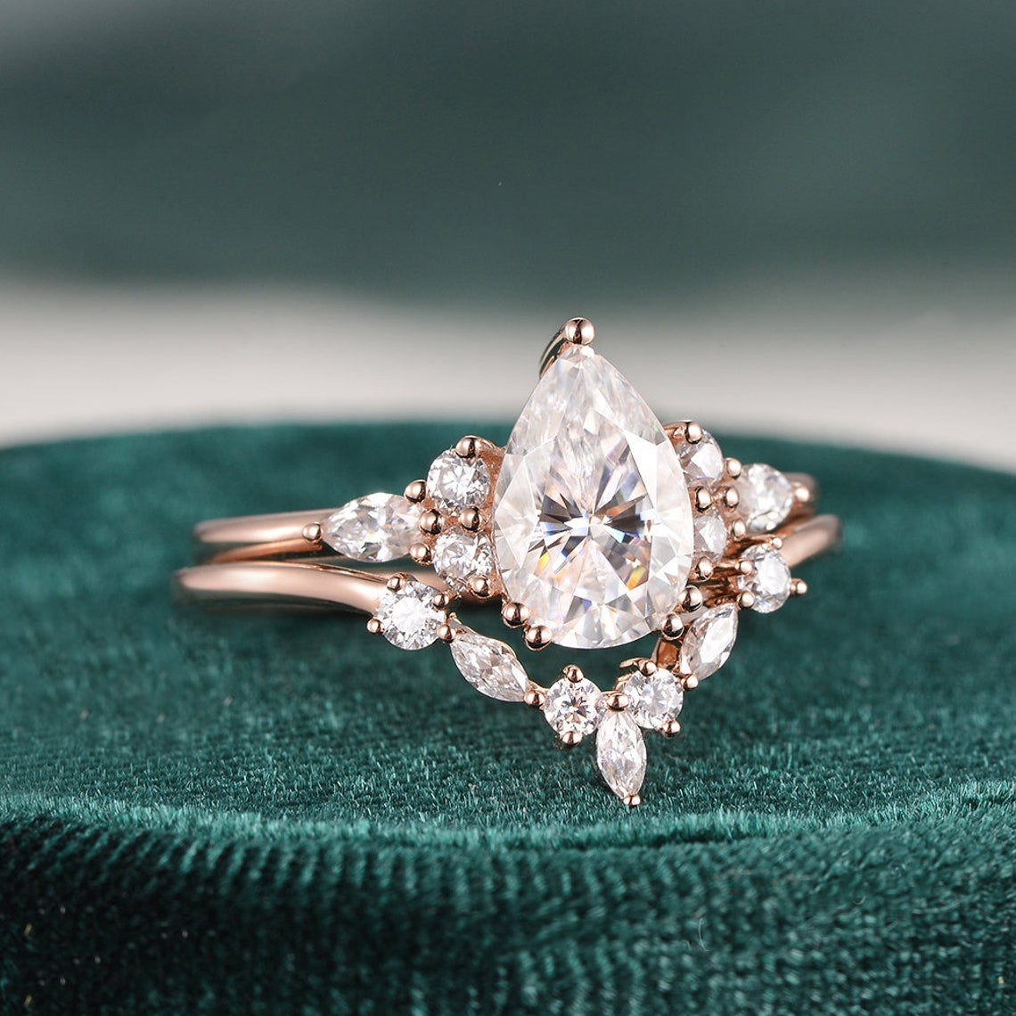 Vintage Style Bridal Ring Set, Pear Cut Center Stone