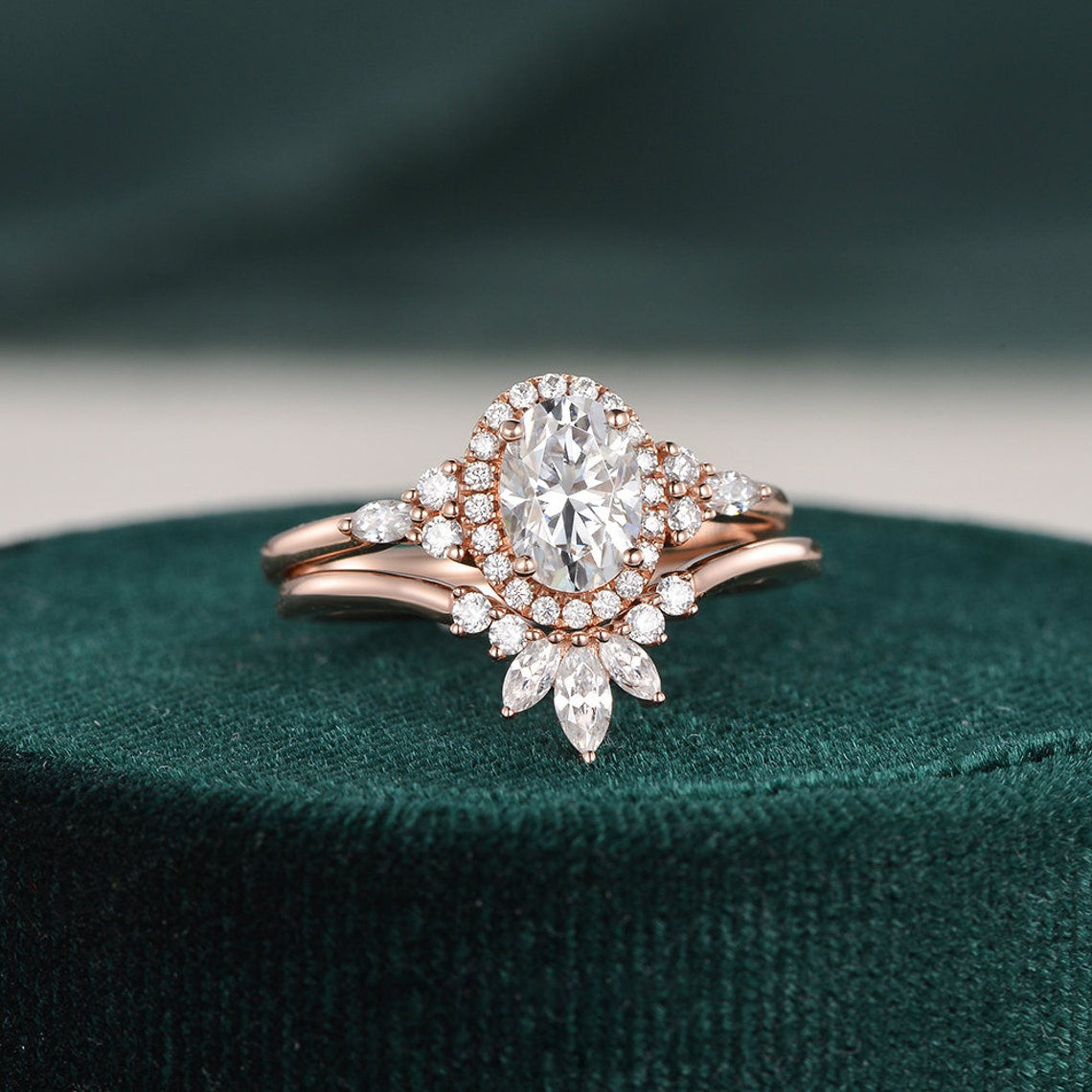 Bridal Ring Set, Oval Cut Center Stone, Hidden Halo