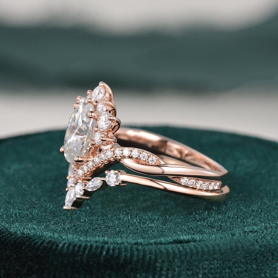 Vintage Style Bridal Ring Set, Oval Cut Center Stone