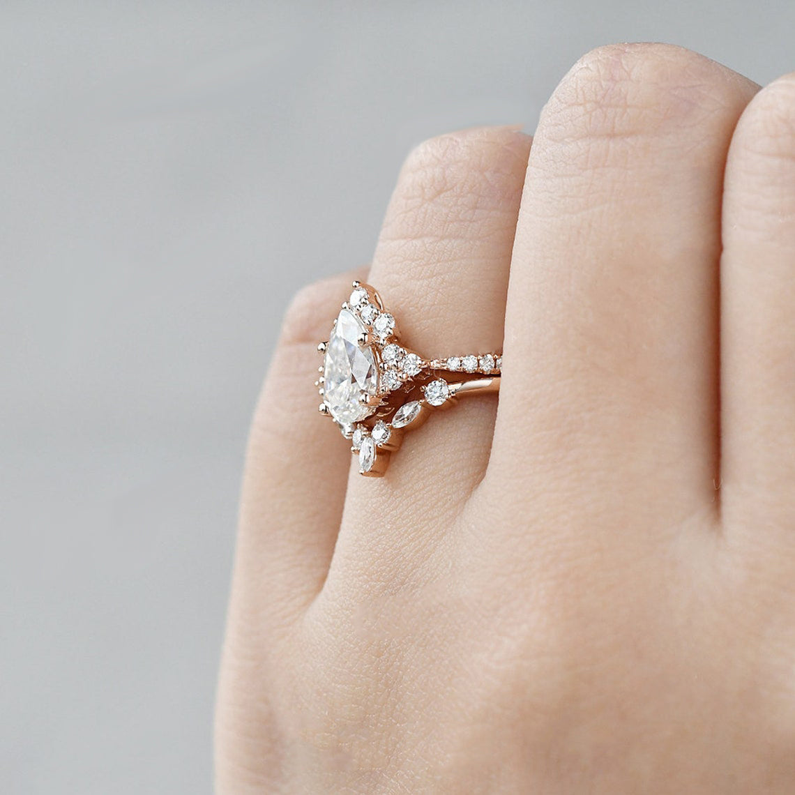 Vintage Style Bridal Ring Set, Pear Cut Center Stone