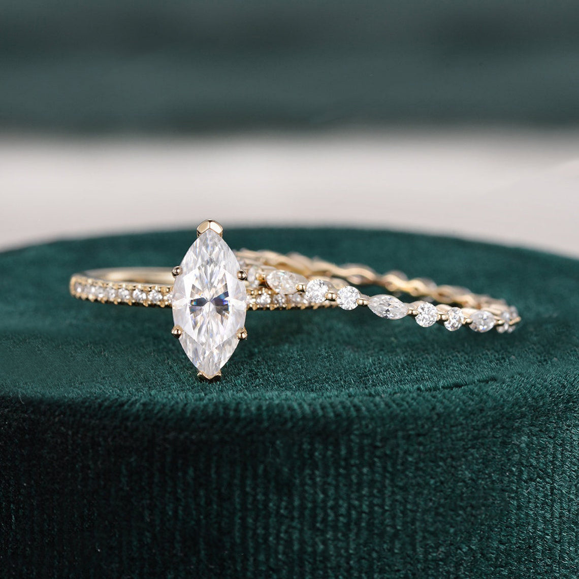 Vintage Style Bridal Ring Set, Marquise Cut