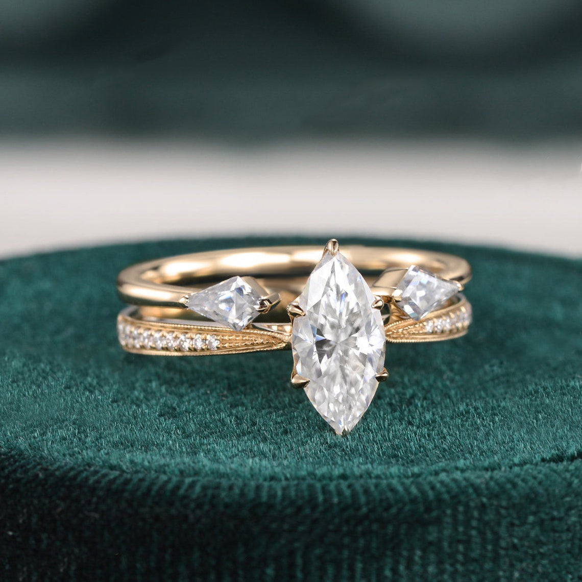Vintage Style Bridal Ring Set, Marquise Cut