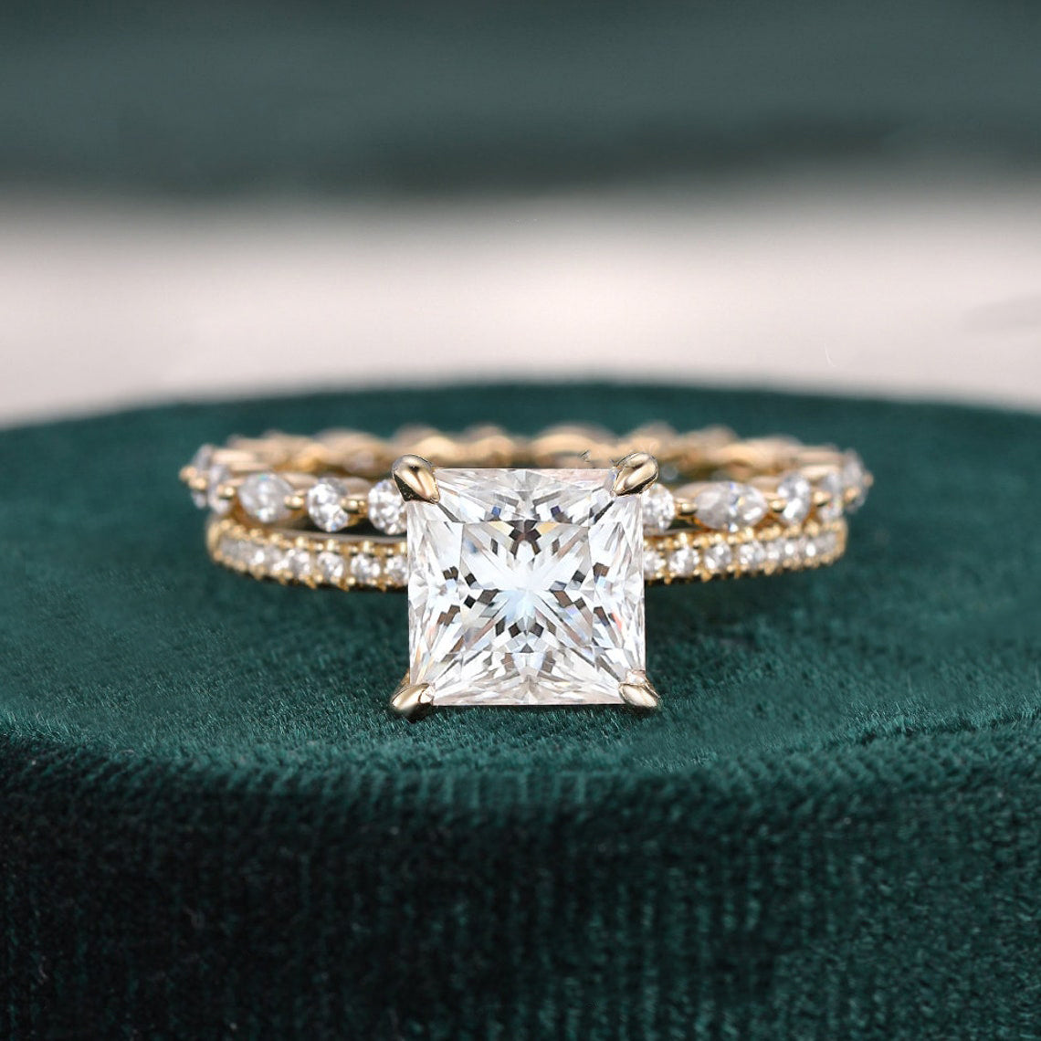 Bridal Ring Set, Princess Cut Center Stone