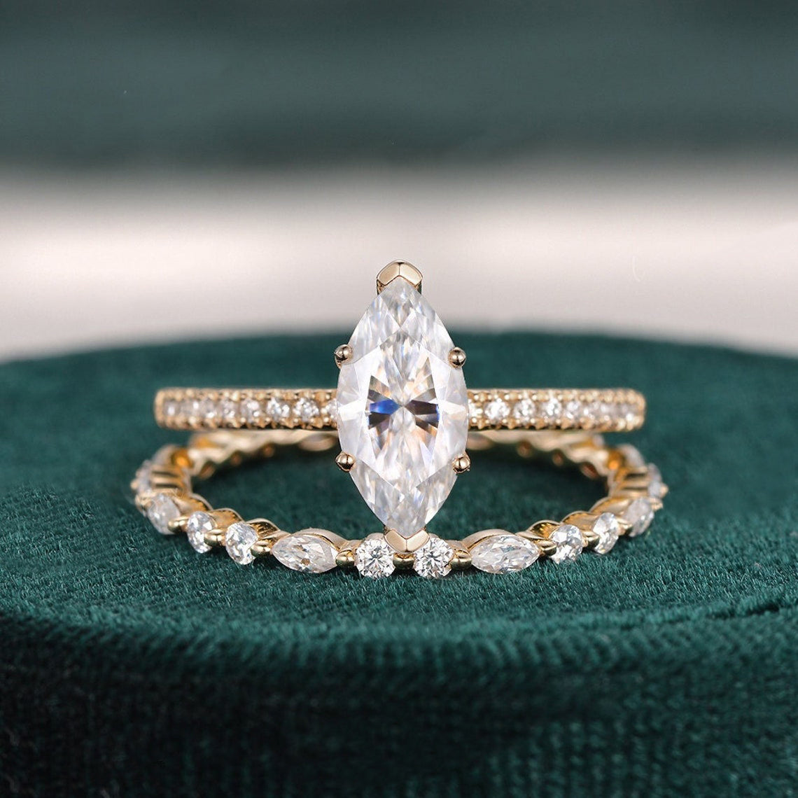 Vintage Style Bridal Ring Set, Marquise Cut