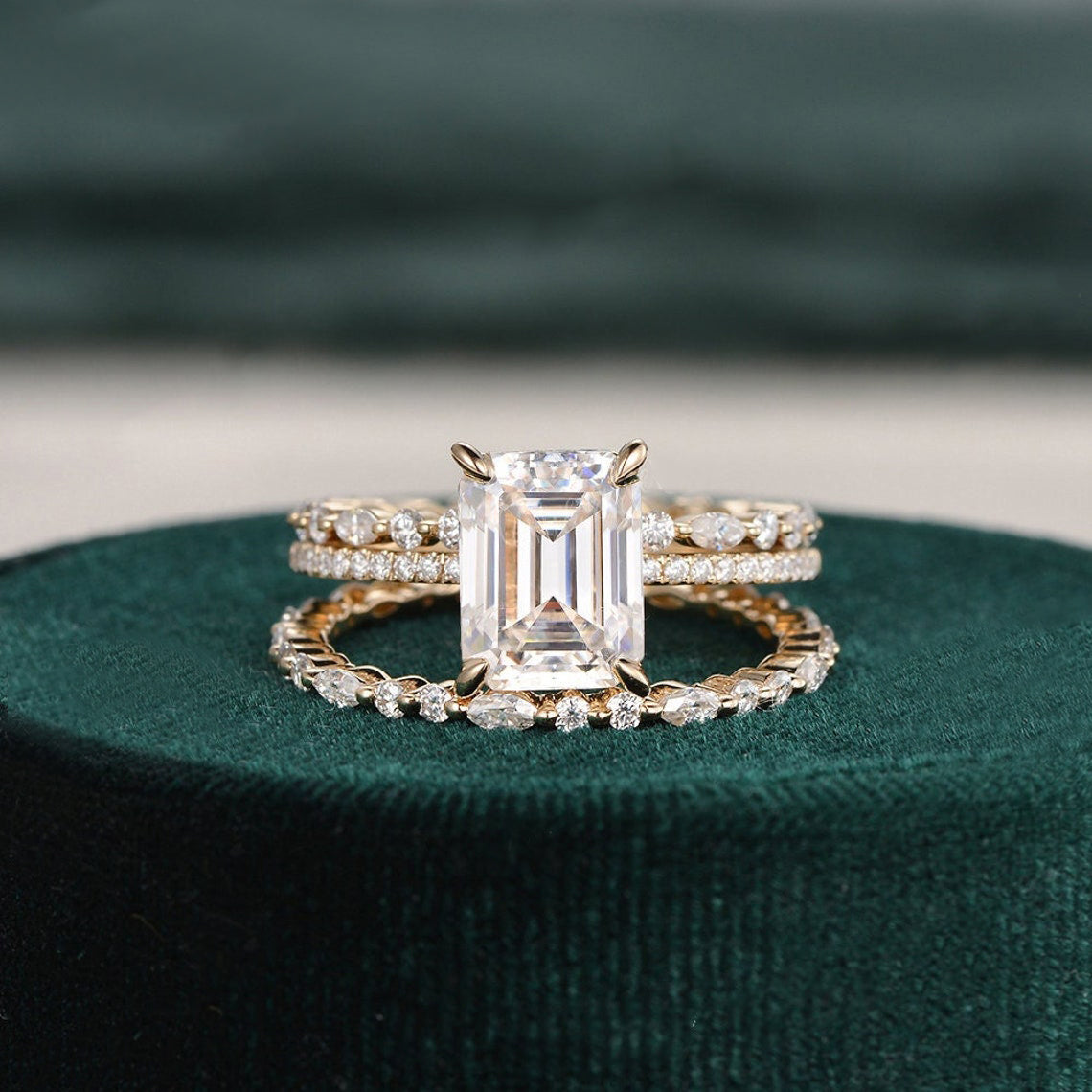 Bridal Ring Set, Emerald Cut Center Stone - Main Image