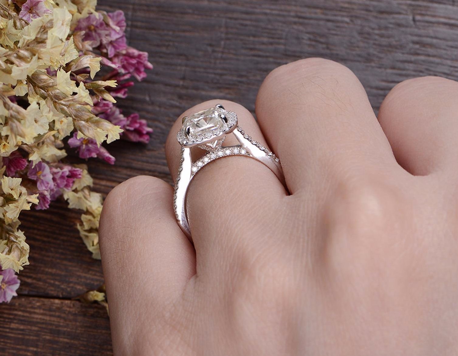 Cushion Cut Moissanite Engagement Ring, Classic Halo Design