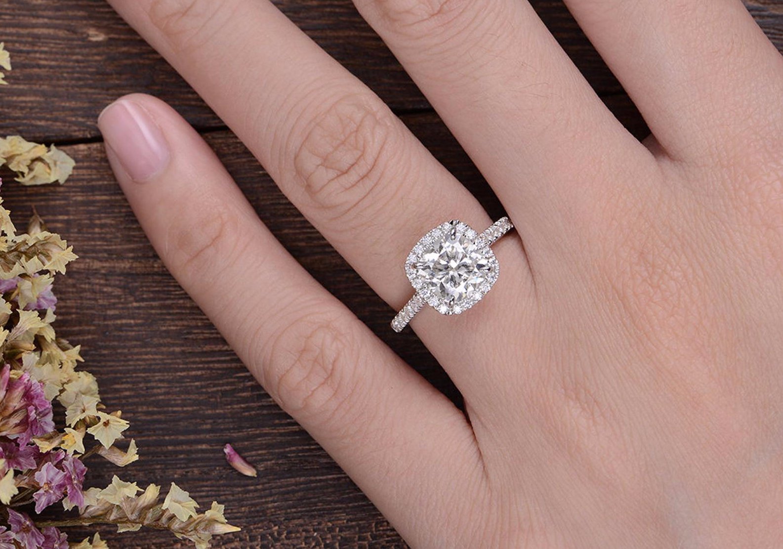 Cushion Cut Moissanite Engagement Ring, Classic Halo Design