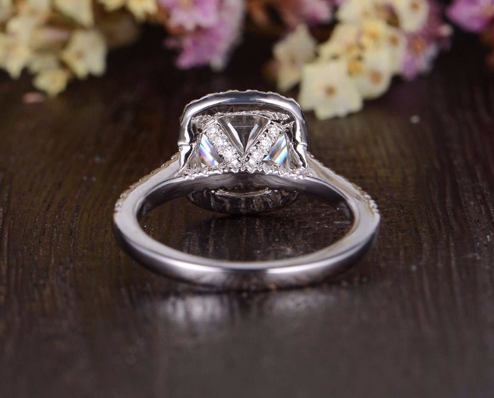 Cushion Cut Moissanite Engagement Ring, Classic Halo Design