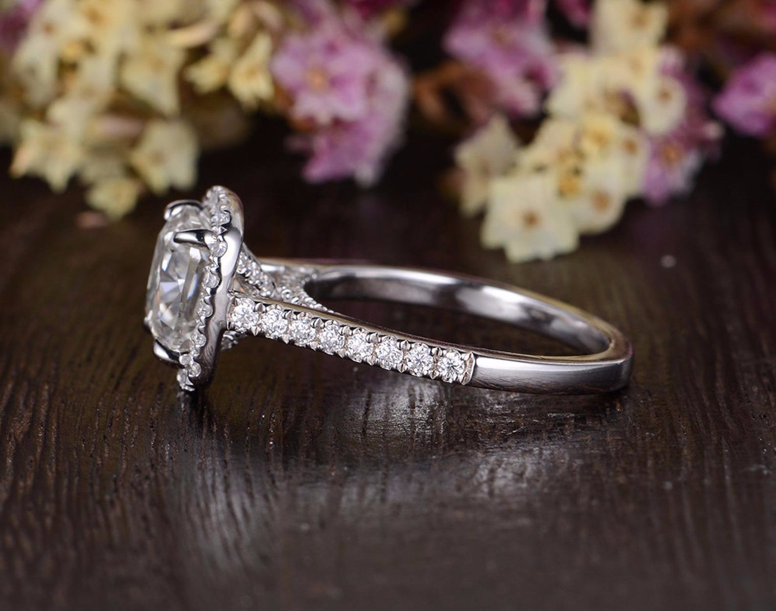 Cushion Cut Moissanite Engagement Ring, Classic Halo Design