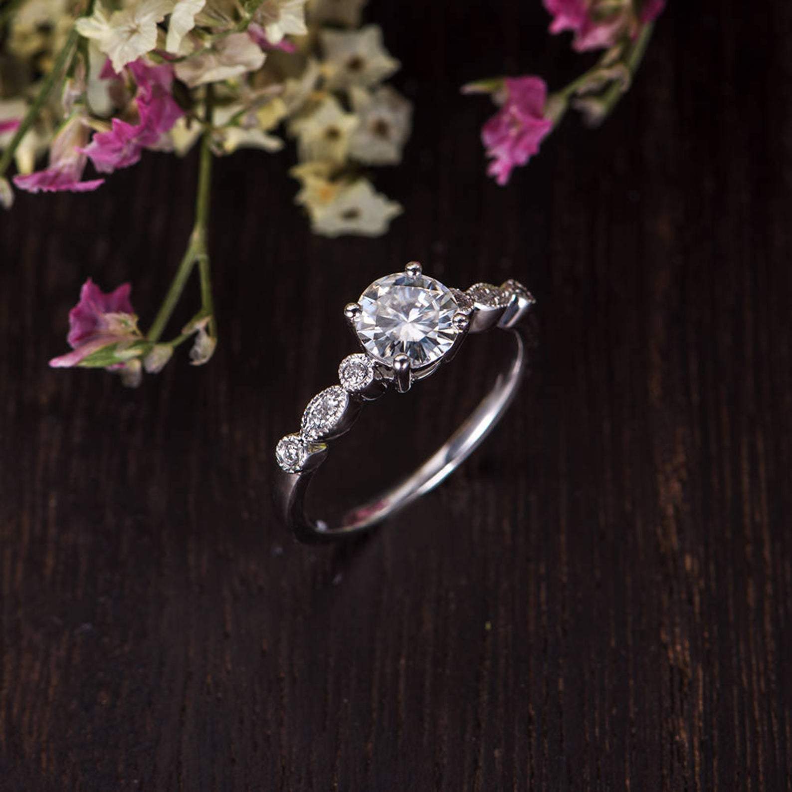 Round Cut Moissanite Engagement Ring, Vintage Design