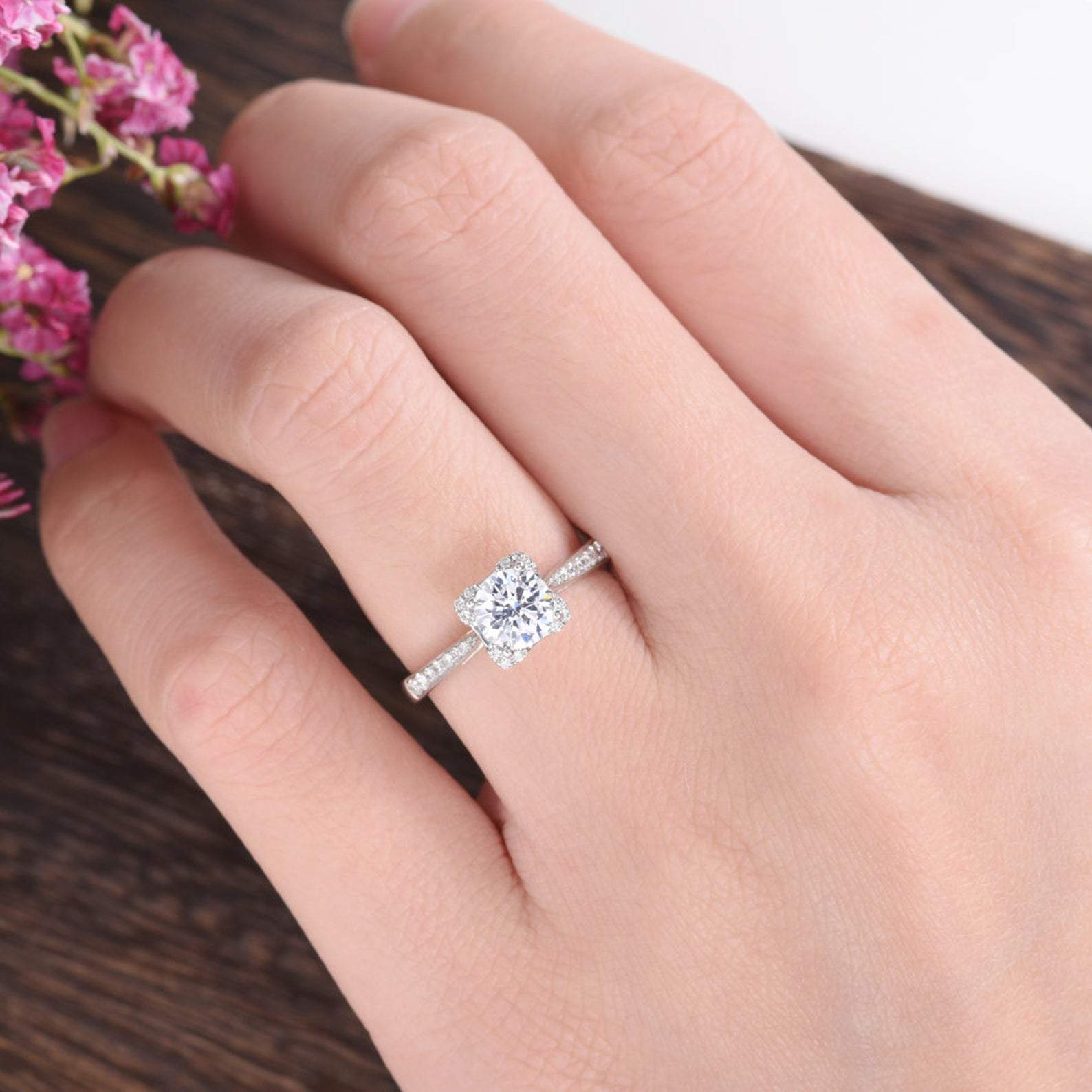 Round Cut Moissanite Engagement Ring, Art Deco Design