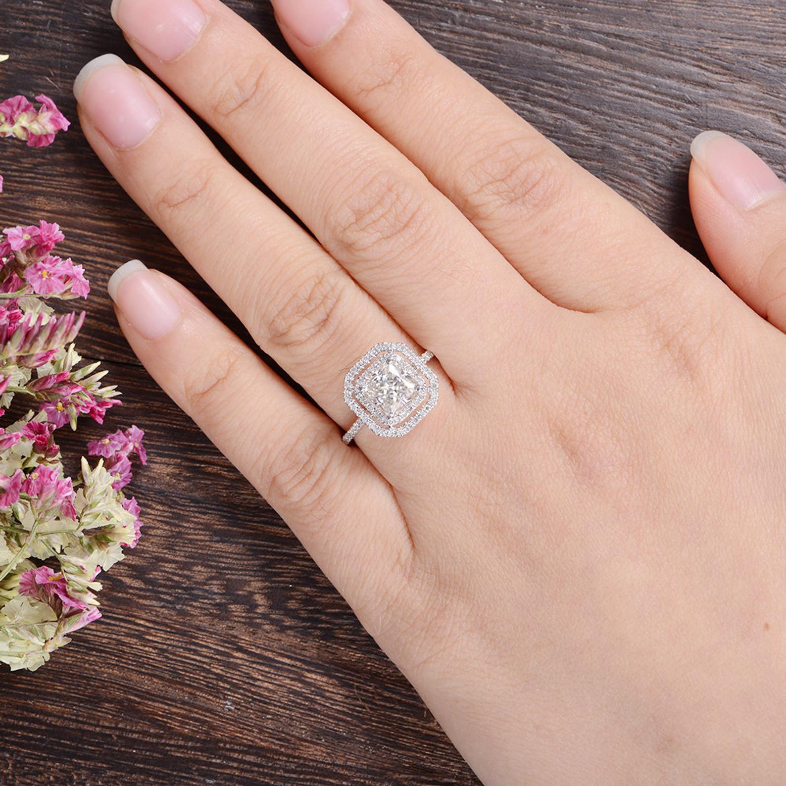 Princess Cut Moissanite Engagement Ring, Vintage Design