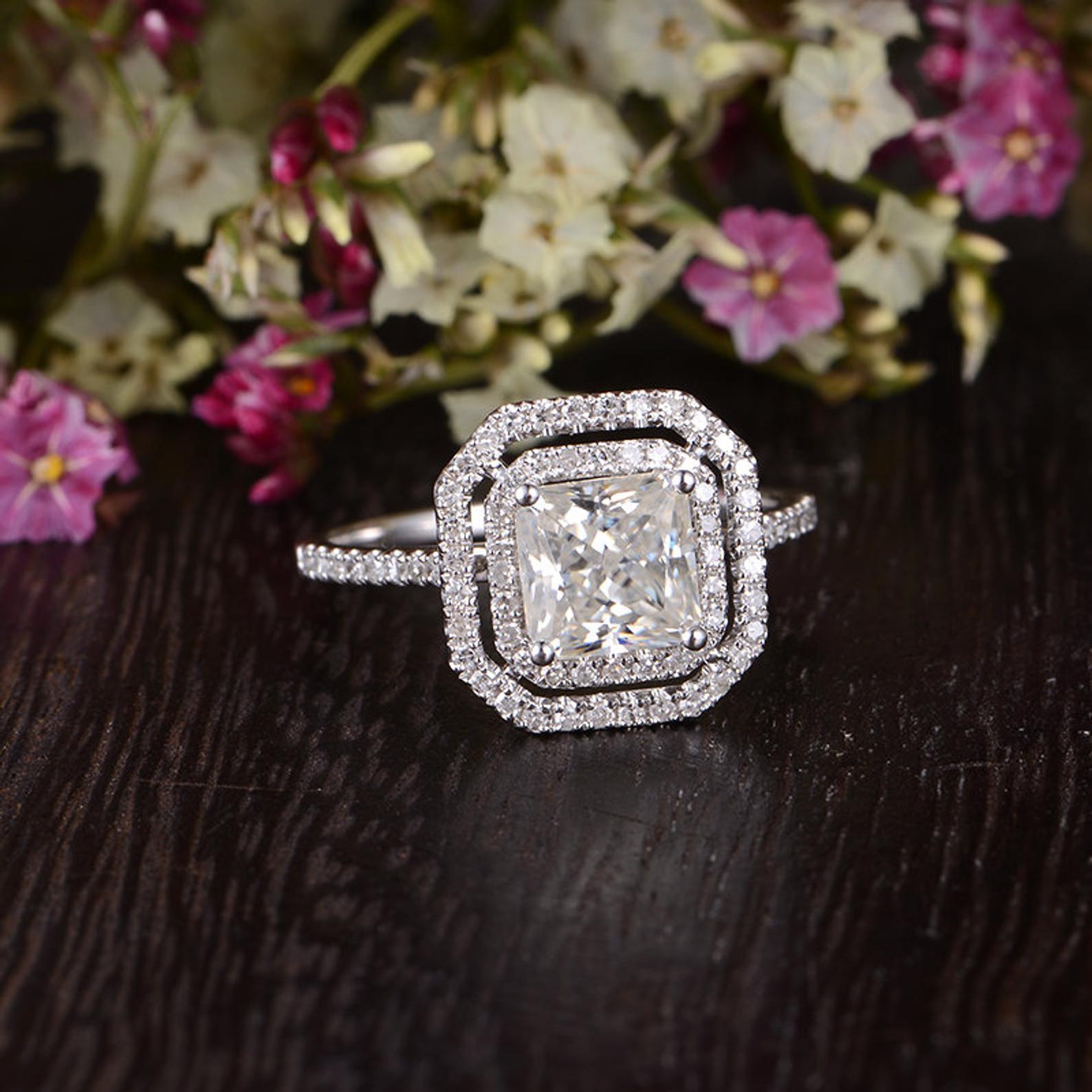 Princess Cut Moissanite Engagement Ring, Vintage Design