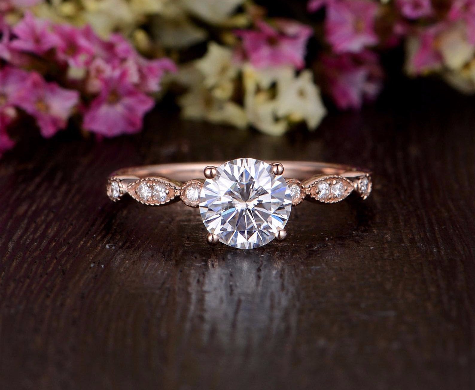 Round Cut Moissanite Engagement Ring, Unique Vintage Design