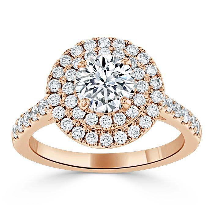 Round Cut Moissanite Double Halo Engagement Ring, Tiffany Style