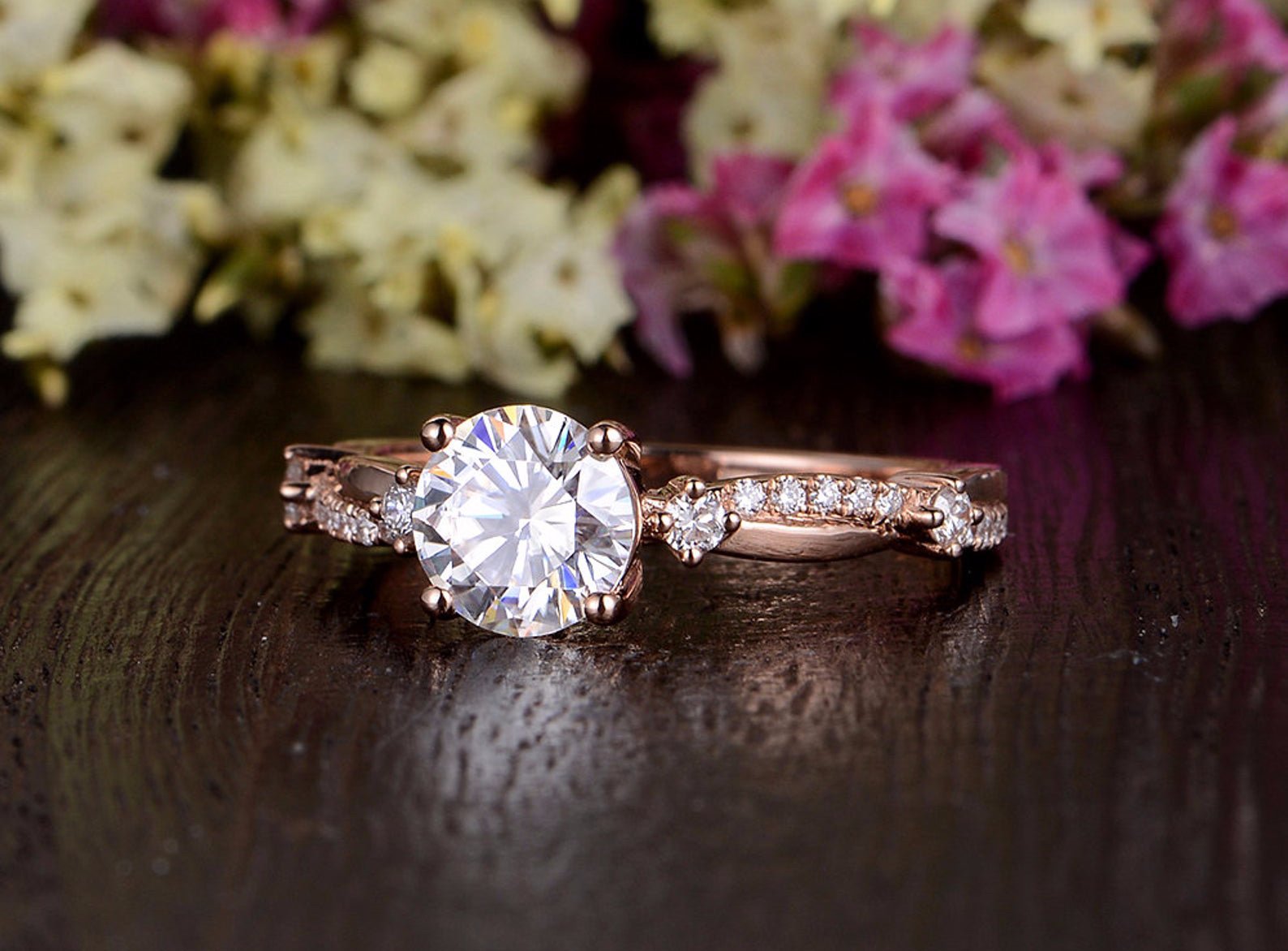 Round Cut Moissanite Engagement Ring, Vintage Design