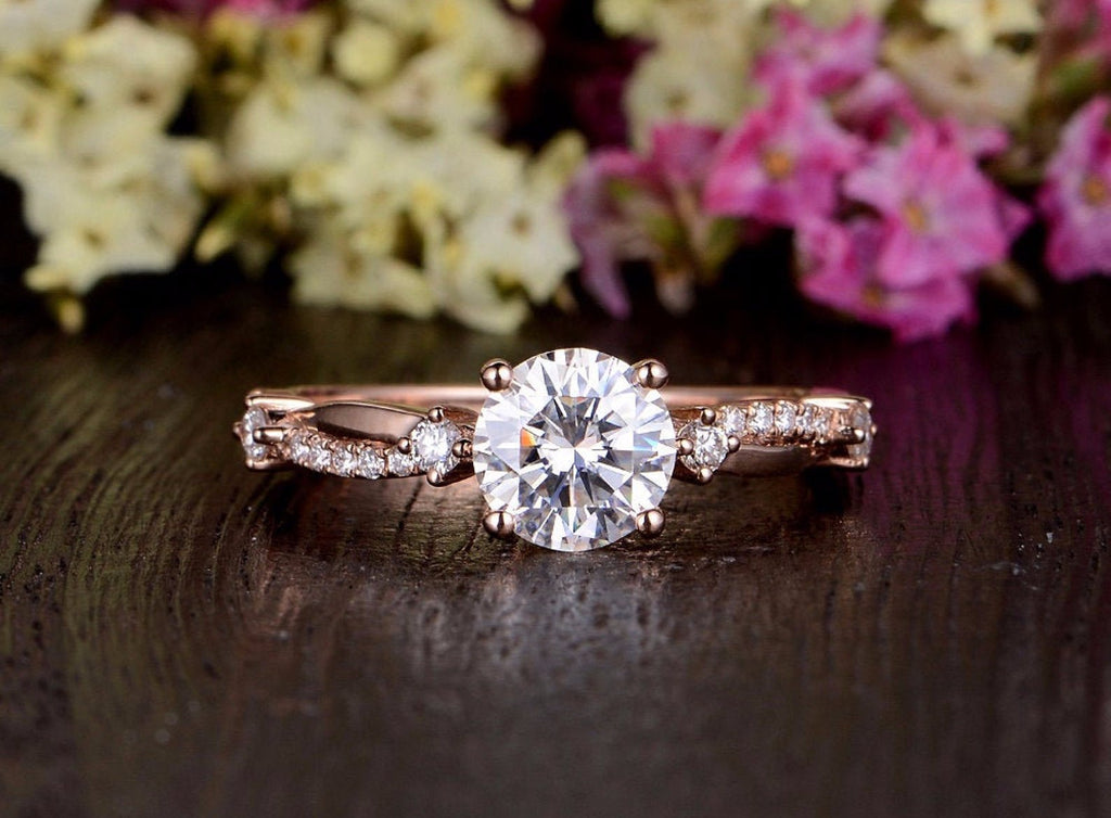 Round Cut Moissanite Engagement Ring, Vintage Design