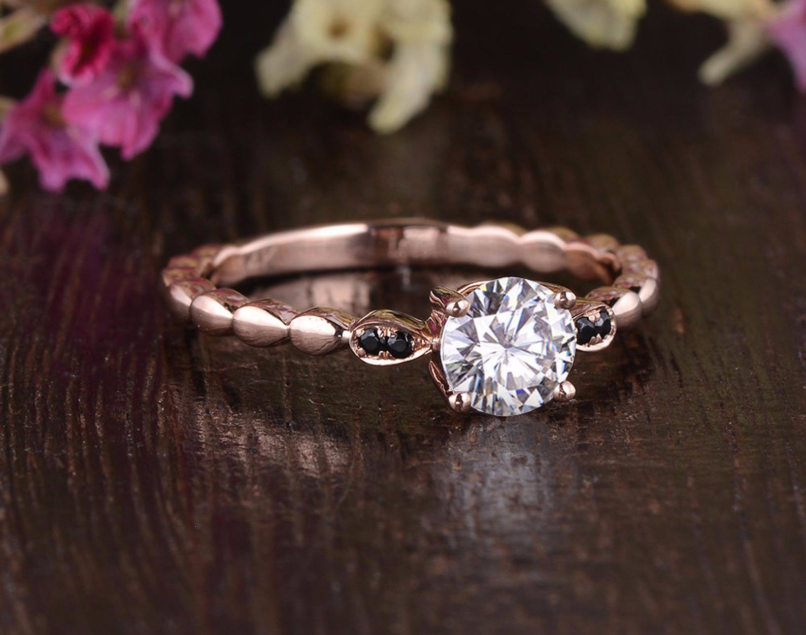 Round Cut Moissanite Engagement Ring, Vintage Design