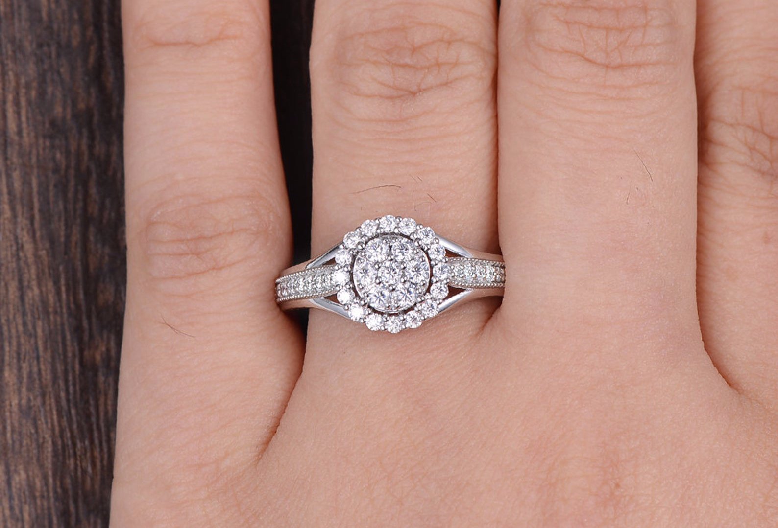 Round Cut Moissanite Cluster Engagement Ring, Vintage Design
