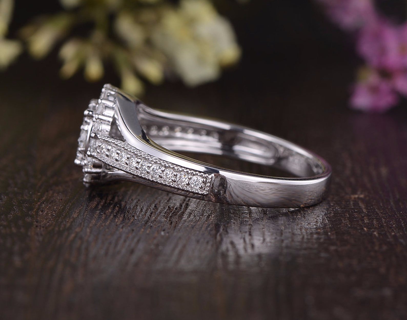 Round Cut Moissanite Cluster Engagement Ring, Vintage Design