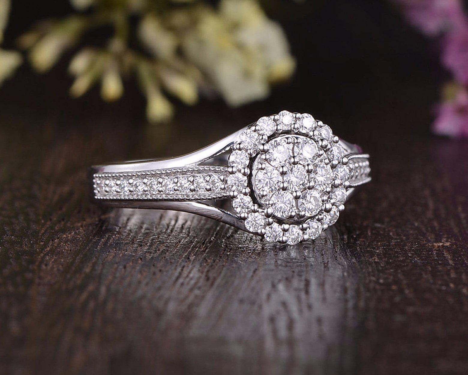 Round Cut Moissanite Cluster Engagement Ring, Vintage Design