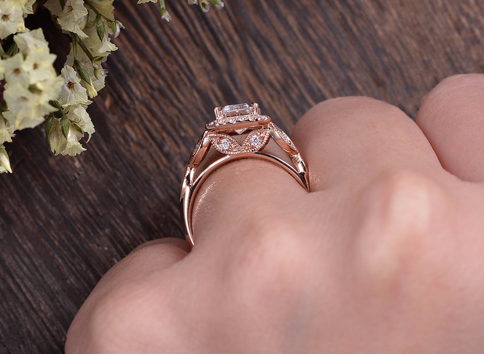 Emerald Cut Moissanite Engagement Ring, Floral Art Deco Halo Design, Choose Your Stone Size & Metal