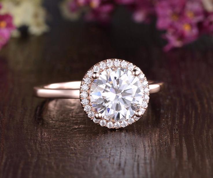 Round Cut Moissanite Engagement Ring, Art Deco Halo Design