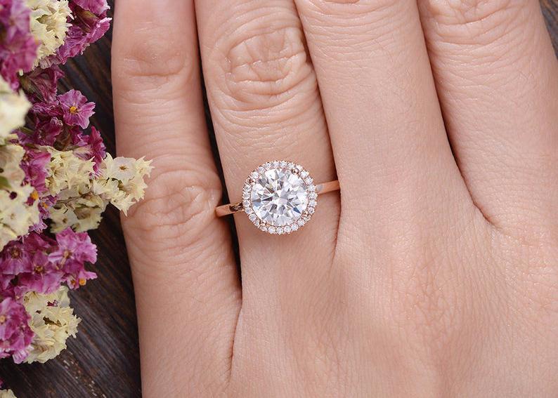 Round Cut Moissanite Engagement Ring, Art Deco Halo Design