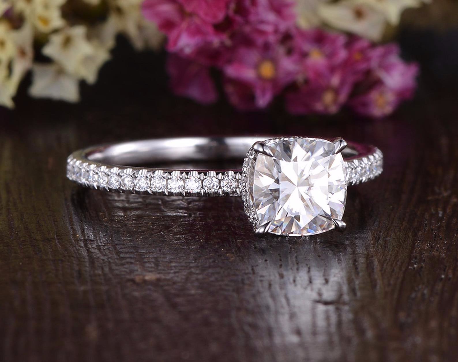 Cushion Cut Moissanite Engagement Ring, Hidden Halo Design