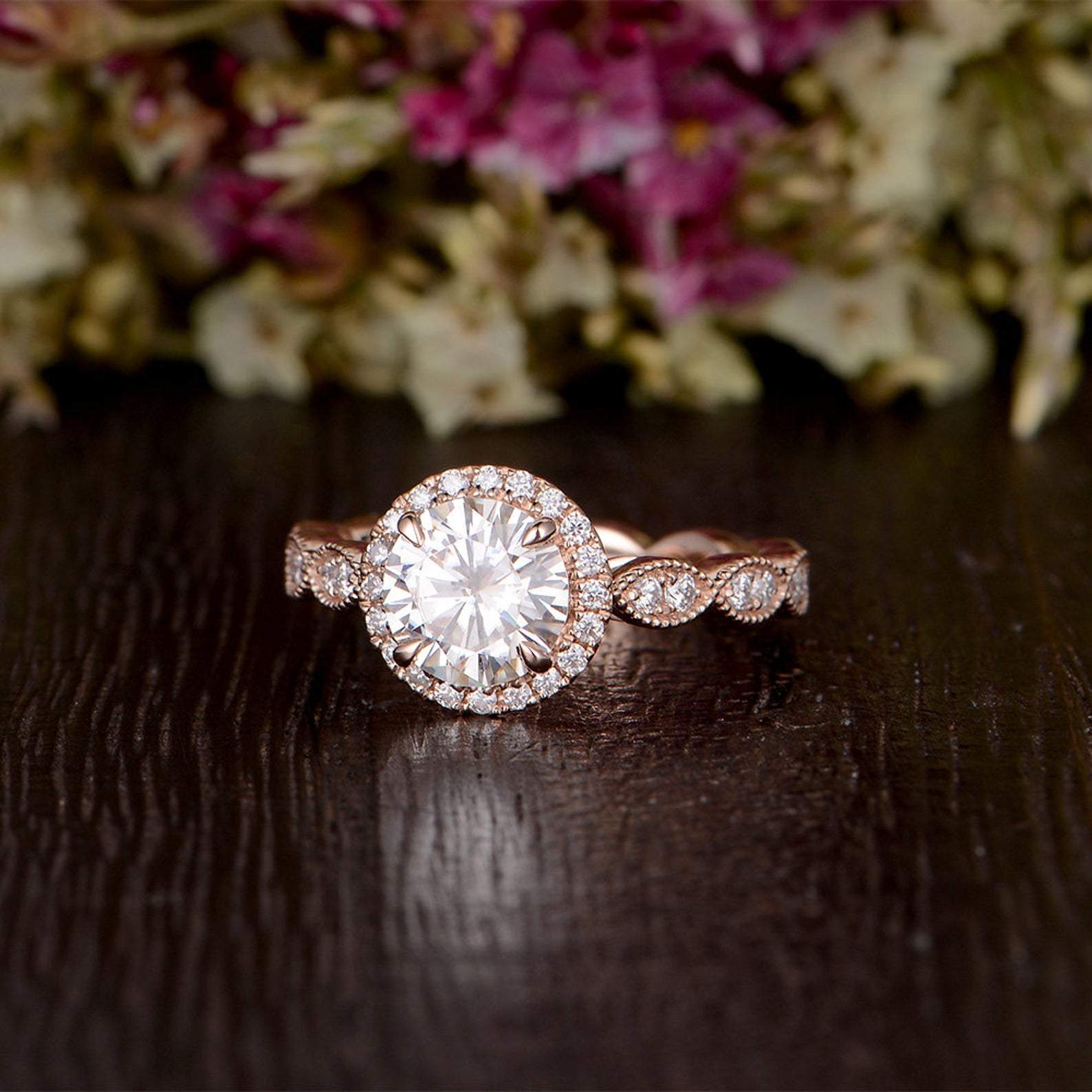 Round Cut Moissanite Engagement Ring, Art Deco Halo Design