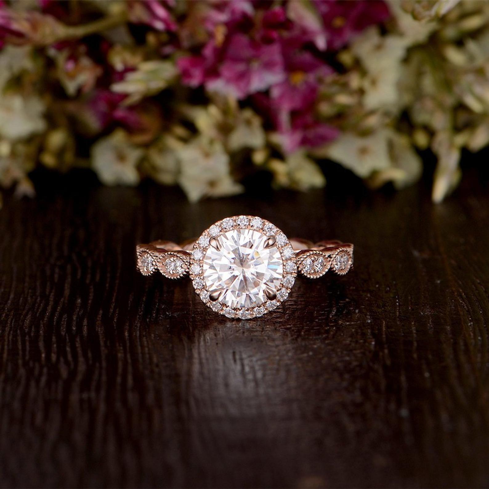 Round Cut Moissanite Engagement Ring, Art Deco Halo Design